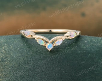 Marquise cut Natural Opal wedding band Vintage Solid gold curved wedding band Branch Bridal art deco stacking matching band Anniversary ring