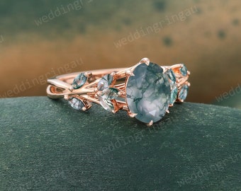 Oval cut Natural Moss agate engagement ring Unique Rose gold ring Branch Marquise cut Moss agate ring Twig ring Art deco Proposal ring