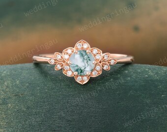 Moss agate Engagement ring Dainty Rose gold Moissanite ring Round cut Diamond ring Halo ring Nature inspired ring Promise ring for women