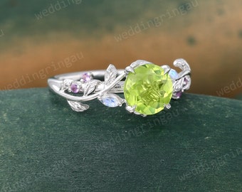 Round cut Peridot ring Unique White gold Natural Peridot engagement ring Twig leaf ring Marquise cut moonstone amethyst ring Promise ring