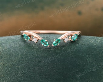 Marquise cut Emerald Wedding Band Unique Branch Rose gold Moissanite Curved Wedding Band Vintage Art deco Bridal Open Stacking Promise ring
