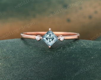 Princess cut Blue Grey Moissanite ring Unique Rose gold engagement ring Dainty Three stone ring Diamond wedding ring promise ring for women