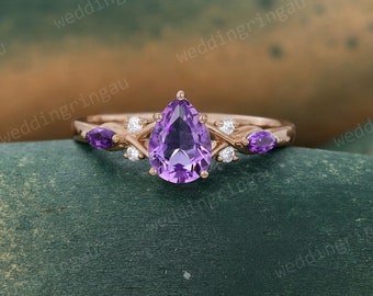 Pear shaped Amethyst engagement ring Unique Rose gold ring Marquise cut Amethyst ring Moissanite ring Bridal ring promise anniversary ring