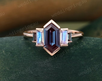 Hexagon cut Alexandrite ring Unique Rose gold engagement ring Baguette cut Moonstone ring Vintage Bridal wedding ring anniversary ring