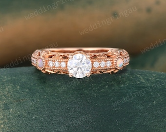 Vintage Moissanite Engagement ring Unique Rose gold ring Round cut opal ring for Women Half eternity Art deco Bridal wedding Promise ring