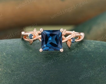 Princess cut London blue topaz ring Unique Rose gold Twig engagement ring Leaf ring Three stone ring Blue topaz wedding ring Promise ring