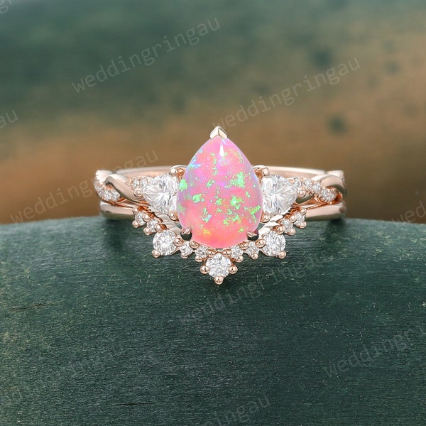 Pear Pink Opal Engagement ring set Vintage Rose gold Moissanite Bridal ring set ring Round cut Diamond Curved wedding ring set Promise ring