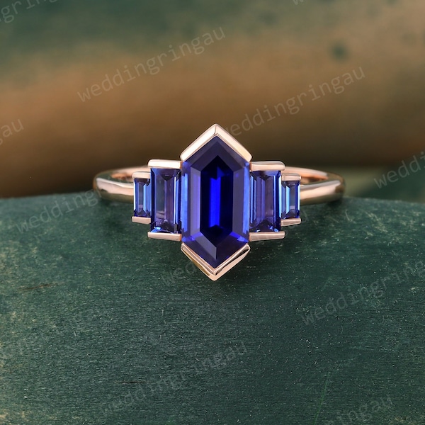 Hexagon cut Blue sapphire ring Unique Rose gold engagement ring Baguette cut ring Bezel set ring Vintage Bridal wedding anniversary ring