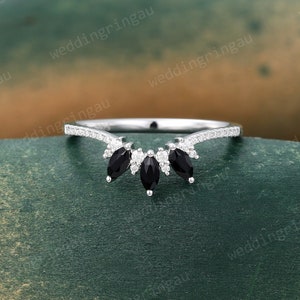 Marquise cut Black onyx Curved wedding band Unique White gold wedding band Moissanite ring Diamond Stacking matching band Anniversary ring
