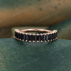 Baguette cut Black onyx wedding band rose gold half eternity wedding ring Unique Stacking matching band Bridal Anniversary promise ring