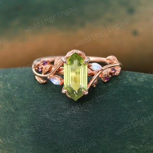 Hexagon cut Peridot ring Vintage Rose gold Leaf engagement ring Marquise cut Moonstone ring Amethyst ring Nature inspired Twig ring Gift