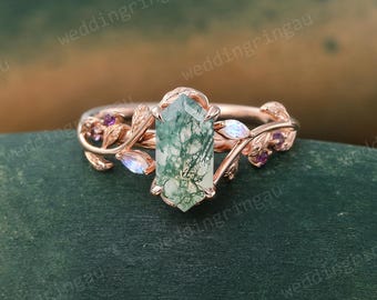 Hexagon cut Moss Agate ring Unique Rose gold Leaf engagement ring Marquise cut Moonstone ring Amethyst ring Nature inspired Twig ring Gift
