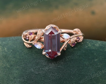 Vintage Hexagon cut Alexandrite ring Unique Rose Gold Leaf Engagement Ring Marquise cut Moonstone ring Amethyst ring Botanical Ring Gift