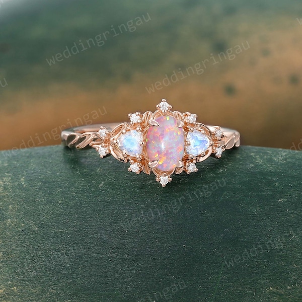 Pink Opal ring Unique Oval cut Lab Opal engagement ring Trillion cut Moonstone ring Leaf ring Dainty Bridal promise anniversary ring gift