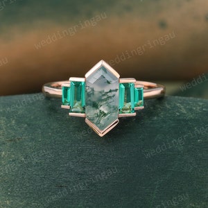 Natural Moss agate ring Unique Rose gold engagement ring Baguette cut Emerald ring Vintage Art deco May Birthstone wedding anniversary ring