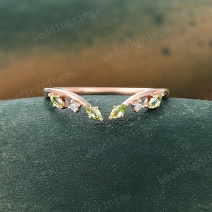 Natural Peridot Curved wedding ring Handmade Marquise cut Peridot wedding band Moissanite Open ring Stacking band with your engagement rings