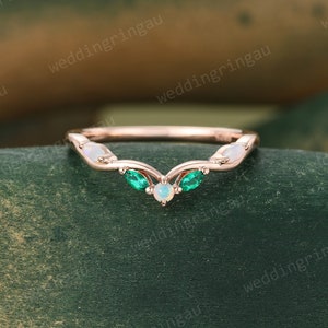 Natürlicher Opal Gebogener Stapelring Einzigartiger Roségold Marquiseschnitt Smaragd Ehering Vintage Olivenzweig Verlobungsring Frauen Versprechen Ring