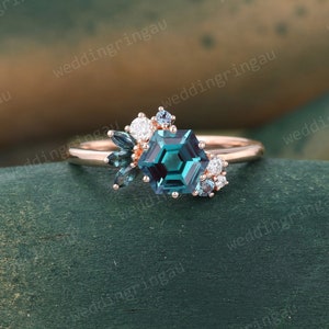 Vintage Alexandrite Engagement Ring unique rose gold moissanite hexagon marquise cut blue green sapphire diamond cluster bridal anniversary