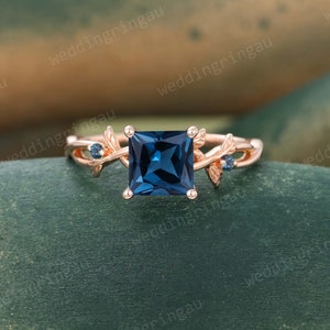 Princess cut London blue topaz ring Unique Rose gold Twig engagement ring Leaf ring Three stone ring Blue topaz wedding ring Promise ring