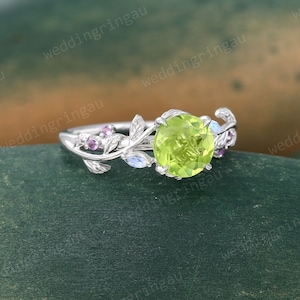 Round cut Peridot ring Unique White gold Natural Peridot engagement ring Twig leaf ring Marquise cut moonstone amethyst ring Promise ring image 1