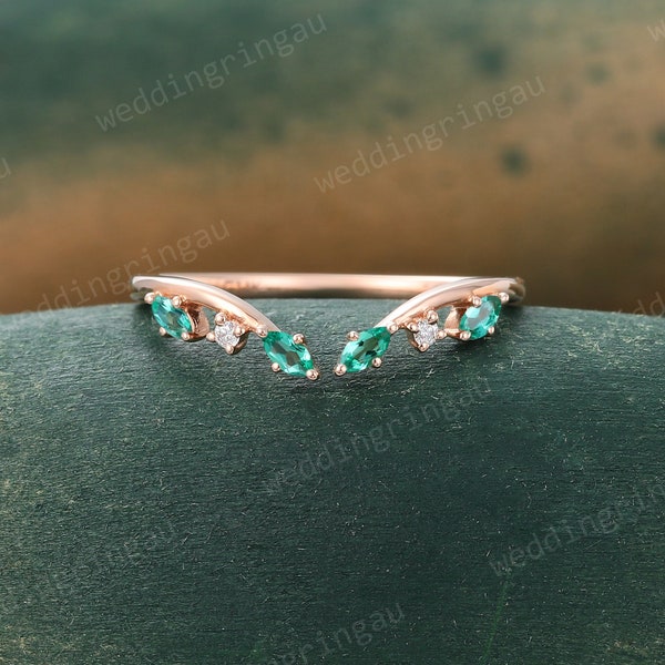 Marquise cut Emerald Wedding Band Unique Branch Rose gold Moissanite Curved Wedding Band Vintage Art deco Bridal Open Stacking Promise ring