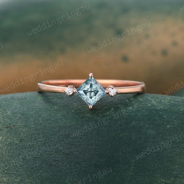 Princess cut Blue Grey Moissanite ring Unique Rose gold engagement ring Dainty Three stone ring Diamond wedding ring promise ring for women