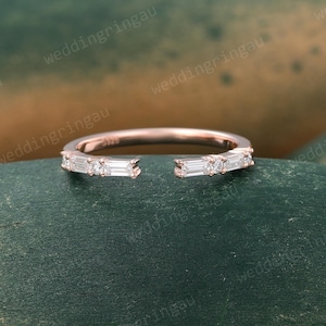 Open Moissanite wedding band Unique Baguette cut Natural Diamond ring Rose gold Women Stacking Matching band promise ring Anniversary band