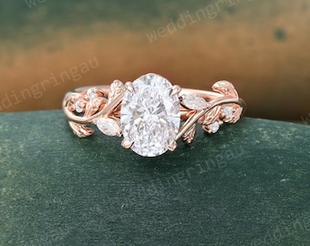 Oval cut Lab Grown Diamond engagement ring Unique Rose gold IGI certified Diamond ring Leaf Marquise cut Diamond ring Art deco Promise ring