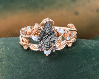 Kite cut Black rutilated quartz engagement ring set Vintage Twig engagement ring Leaf ring Moonstone Alexandrite wedding ring Promise ring