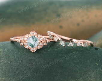 Round Moss agate engagement ring set Vintage Floral engagement ring Marquise cut Moss agate open curved wedding ring Diamond Promise ring