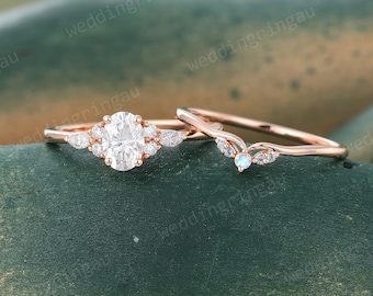 Oval cut Moissanite engagement ring set Vintage Rose gold Diamond Bridal ring set Moonstone Alexandrite wedding band Art deco Promise ring