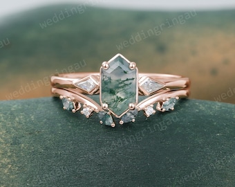 Hexagon cut Moss agate engagement ring set Vintage Kite cut Moissanite ring Marquise cut Moss agate open wedding ring Promise ring set