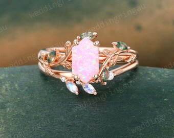 Hexagon cut Pink Opal ring set Vintage Rose gold Leaf engagement ring set moss agate ring Marquise cut Moonstone Curved ring Twig ring Gift