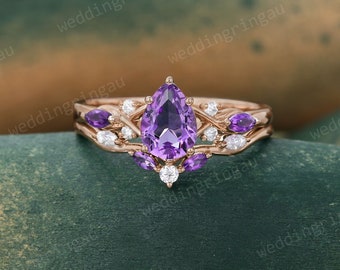 Pear shaped Amethyst Engagement ring set Vintage Rose gold Amethyst ring Marquise cut Moissanite Curved wedding ring bridal promise ring