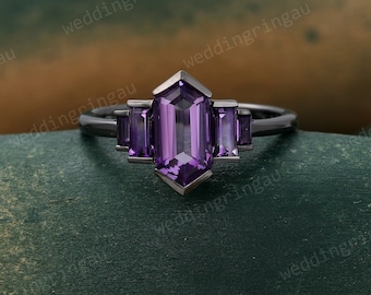 Black gold Purple Amethyst ring Vintage Rose gold engagement ring Baguette cut Amethyst ring Bezel set ring Bridal wedding anniversary ring