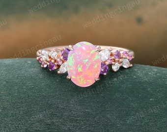 Oval cut Pink Opal engagement ring Unique Rose gold Cluster ring Amethyst Pink sapphire ring Diamond bridal anniversary ring for women