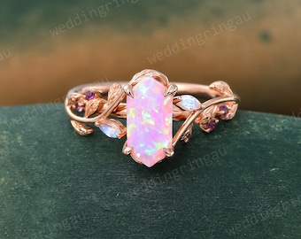Hexagon cut Pink Opal ring Vintage Rose gold Leaf engagement ring Marquise cut Moonstone ring Amethyst ring Nature inspired Twig ring Gift