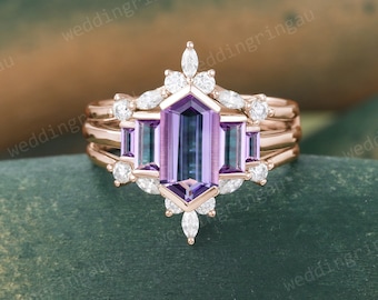 Hexagon cut Amethyst Wedding ring set Vintage Rose gold engagement ring set Baguette cut Amethyst ring Moissanite Enhancer ring promise ring