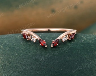 Marquise cut Garnet Wedding band Unique Rose gold Moissanite Curved Wedding band Vintage Art deco Bridal Open Stacking ring Promise ring