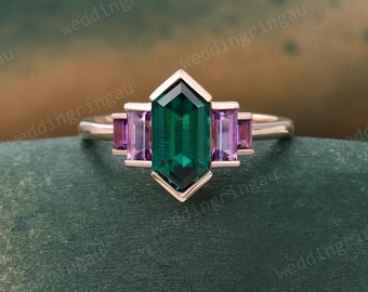 Hexagon cut Emerald engagement ring Unique Rose gold ring Baguette cut Amethyst ring Vintage Art deco ring Bridal wedding anniversary ring