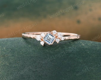 Asscher cut Aquamarine ring Unique Rose gold engagement ring Moissanite cluster ring hammered gold ring women Dainty Art deco Bridal ring