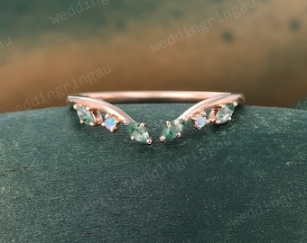 Marquise cut Moss agate Wedding Band Unique Rose gold Round Opal Curved Wedding Band Vintage Art deco Bridal Open Stacking ring Promise ring