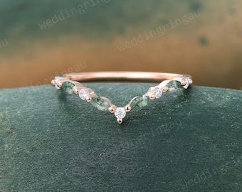 Marquise cut Green Moss agate wedding band Unique Rose gold Moissanite Curved wedding band Women Stacking Matching band Antique Promise ring