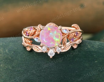 Pink opal engagement ring set Vintage Twig engagement ring Leaf Marquise cut Moonstone ring Amethyst Moissanite wedding ring Promise ring