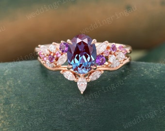 Oval cut Alexandrite Engagement ring set Vintage Rose gold Pink sapphire Amethyst ring Pear cut Diamond wedding ring set Promise ring set