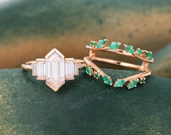 Hexagon cut Moissanite Engagement ring set Vintage Rose gold Baguette cut Moissanite ring Set Emerald Enhancer wedding band promise ring set
