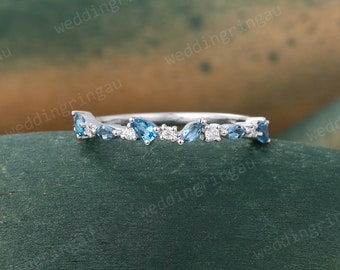 London blue topaz wedding band Vintage Moissanite wedding band White gold Marquise cut Topaz ring unique diamond stacking anniversary ring
