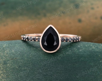 Pear shaped Black onyx ring Rose gold engagement ring Art deco Teardrop ring Bezel set ring Half eternity Black onyx ring Promise ring