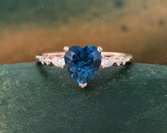 Unique Heart cut London blue topaz engagement ring Rose gold Topaz ring Pear cut moissanite ring Seven stone ring Promise ring women gift
