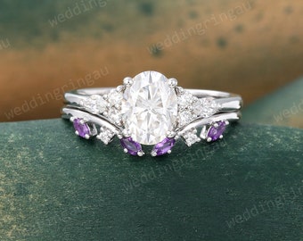 Oval cut Moissanite engagement ring set 14k white gold marquise cut Diamond ring for women unique Amethyst wedding ring set Bridal gift